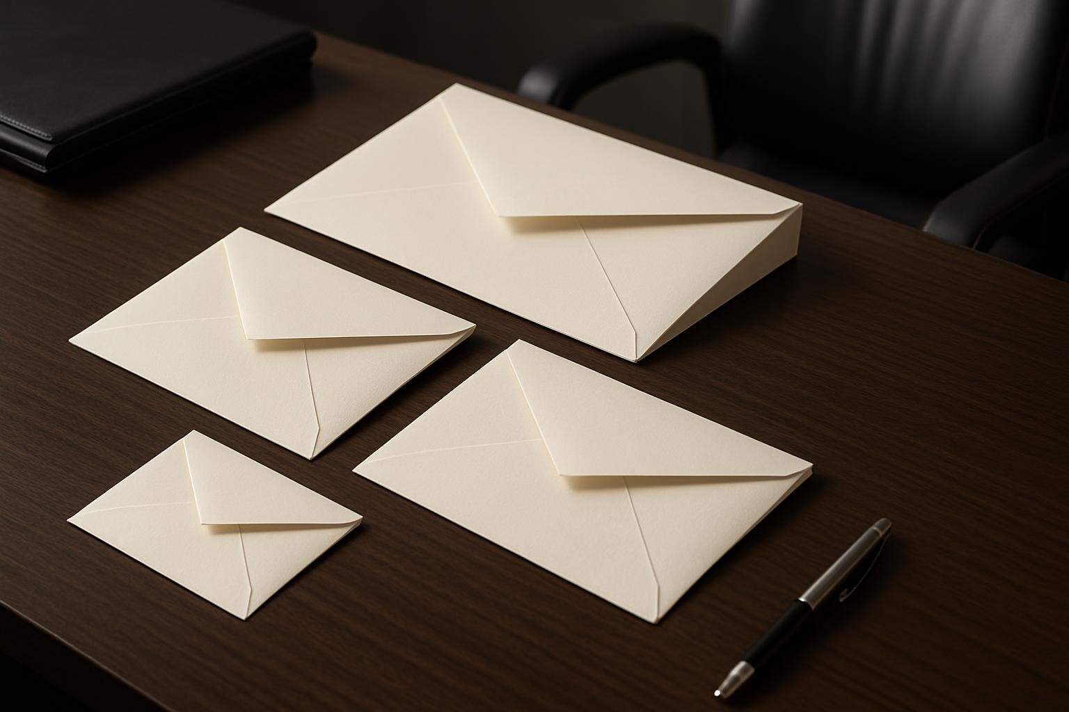 A collection of cream-coloured envelopes of varying sizes on a mahogany desk, accompanied by a similar-colored folder and ...